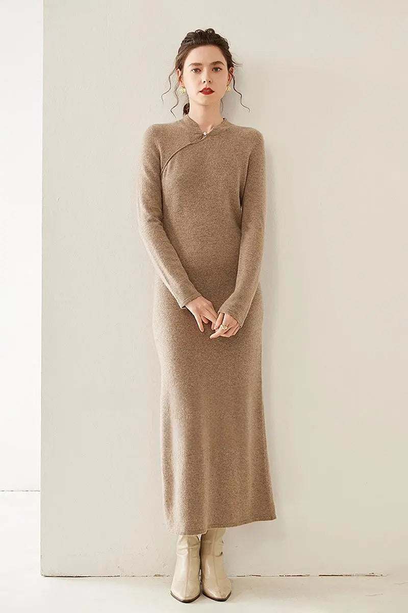 100 Cashmere Midi Sweater Dress with Mandarin-inspired Collar