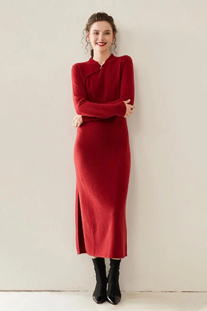 100 Cashmere Midi Sweater Dress with Mandarin-inspired Collar