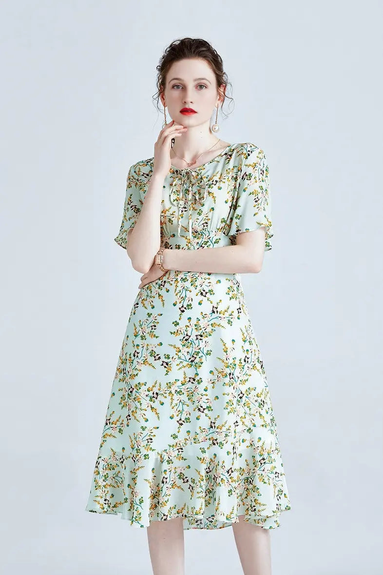 100 Mulberry Silk Short Sleeve Floral Midi Dress