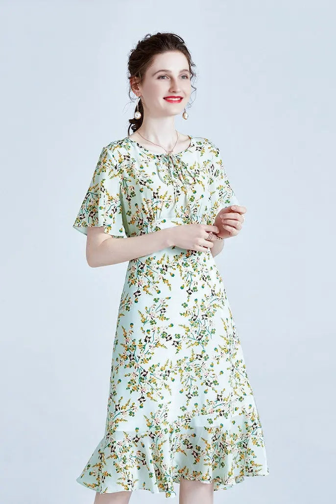100 Mulberry Silk Short Sleeve Floral Midi Dress
