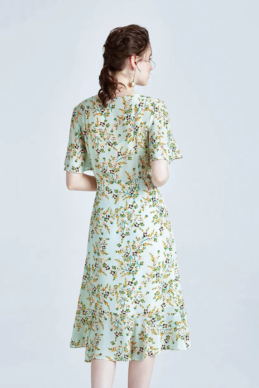 100 Mulberry Silk Short Sleeve Floral Midi Dress