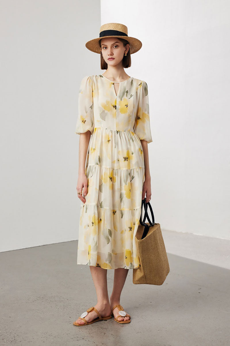 100 Mulberry Silk Floral Balloon-Sleeve Keyhole Tiered Midi Dress