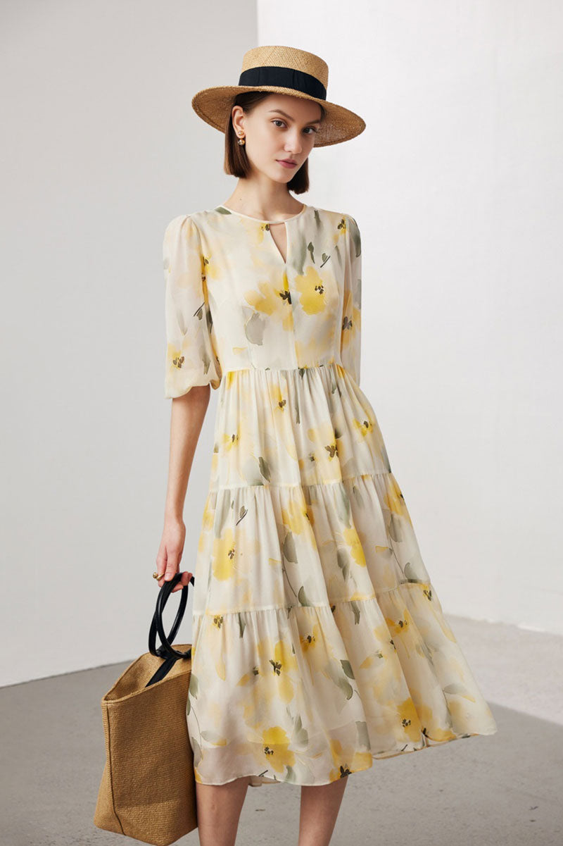 100 Mulberry Silk Floral Balloon-Sleeve Keyhole Tiered Midi Dress