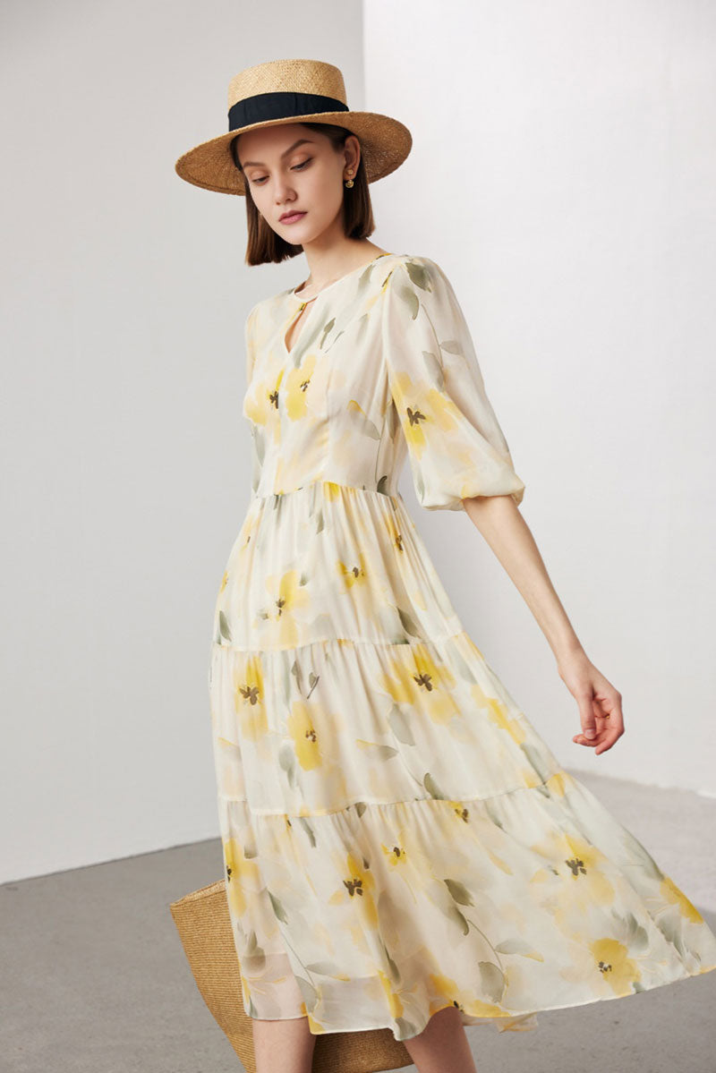 100 Mulberry Silk Floral Balloon-Sleeve Keyhole Tiered Midi Dress