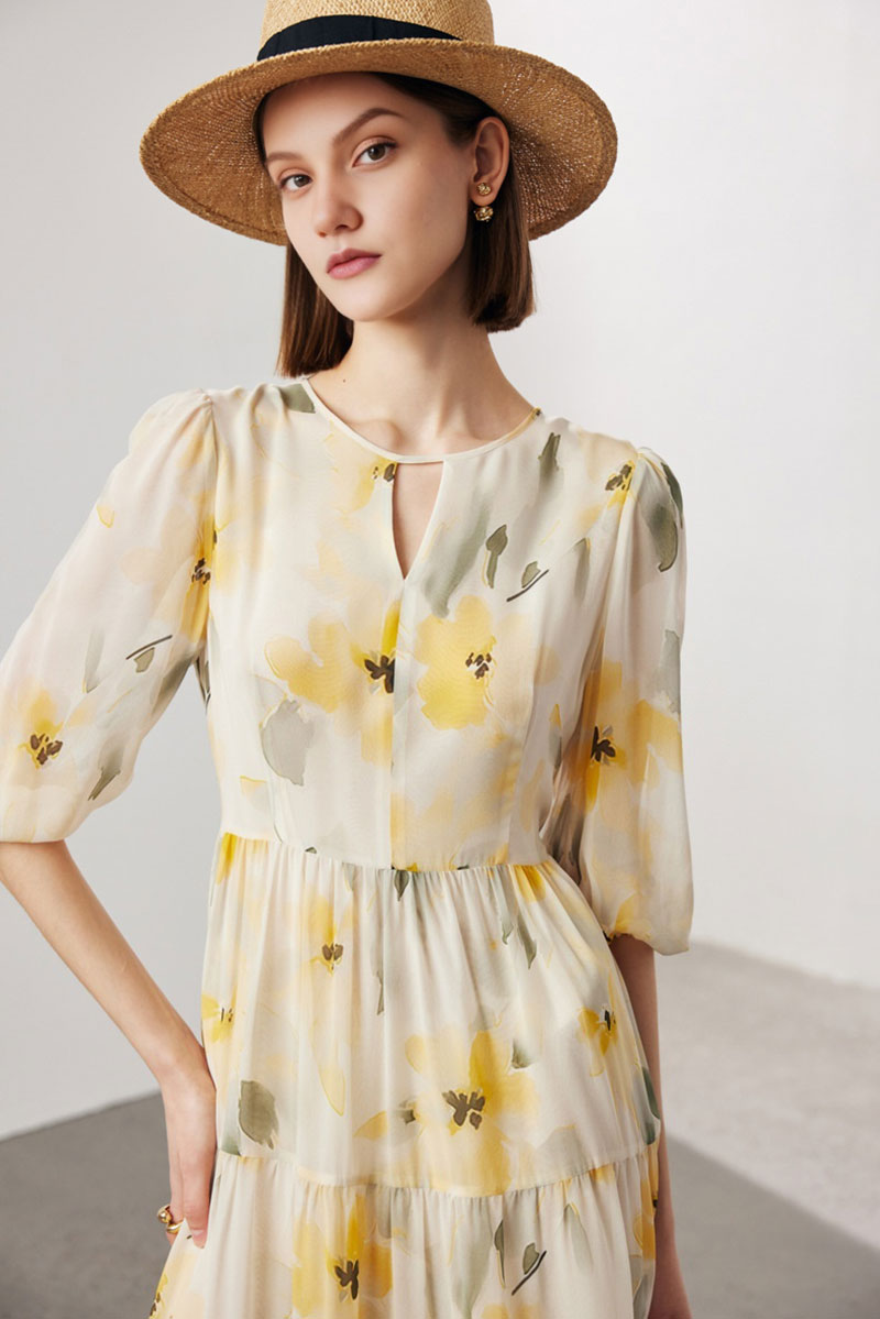 100 Mulberry Silk Floral Balloon-Sleeve Keyhole Tiered Midi Dress