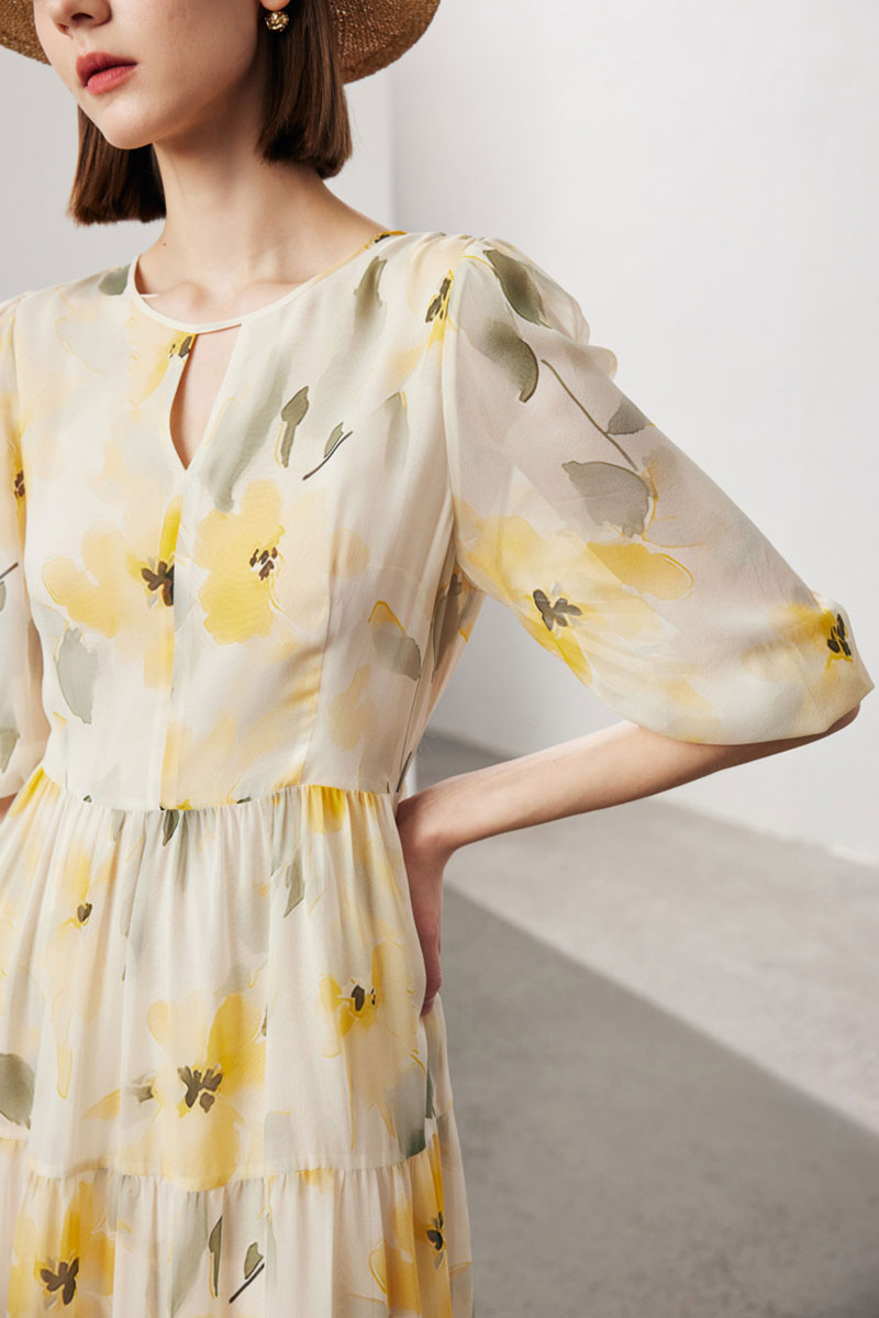 100 Mulberry Silk Floral Balloon-Sleeve Keyhole Tiered Midi Dress