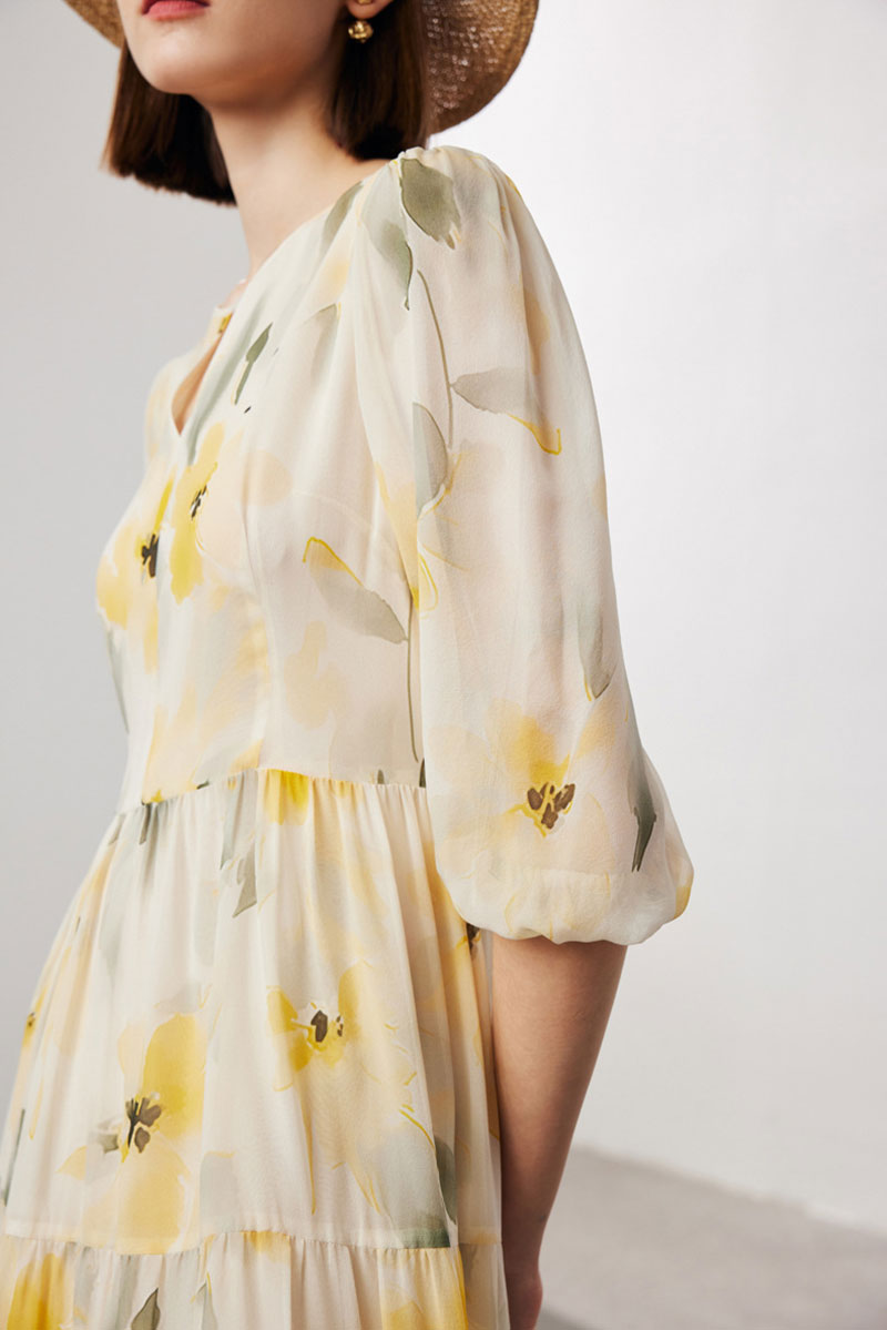 100 Mulberry Silk Floral Balloon-Sleeve Keyhole Tiered Midi Dress