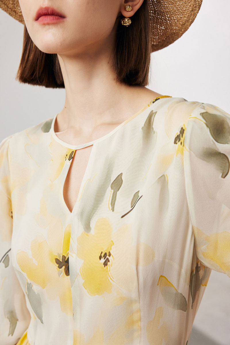 100 Mulberry Silk Floral Balloon-Sleeve Keyhole Tiered Midi Dress