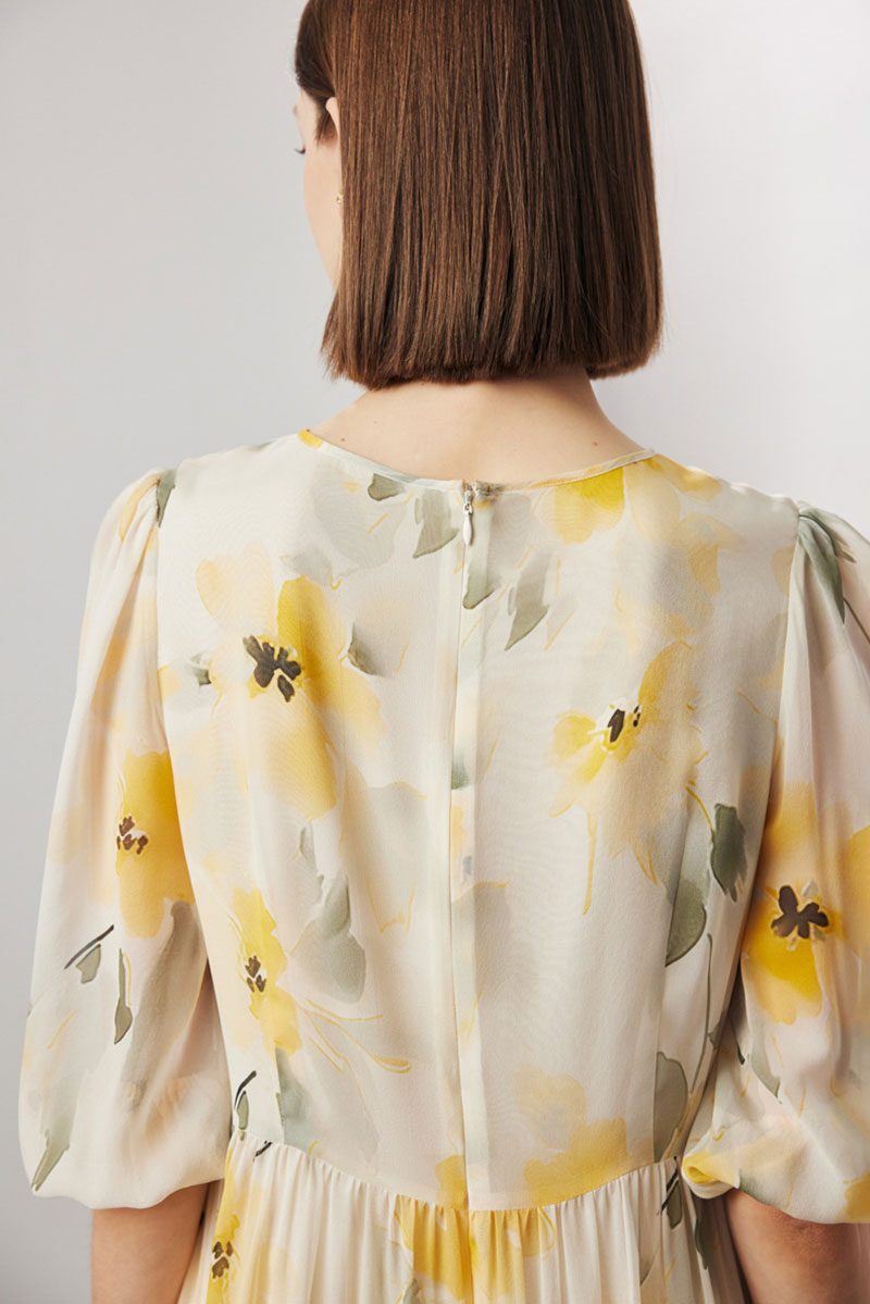 100 Mulberry Silk Floral Balloon-Sleeve Keyhole Tiered Midi Dress