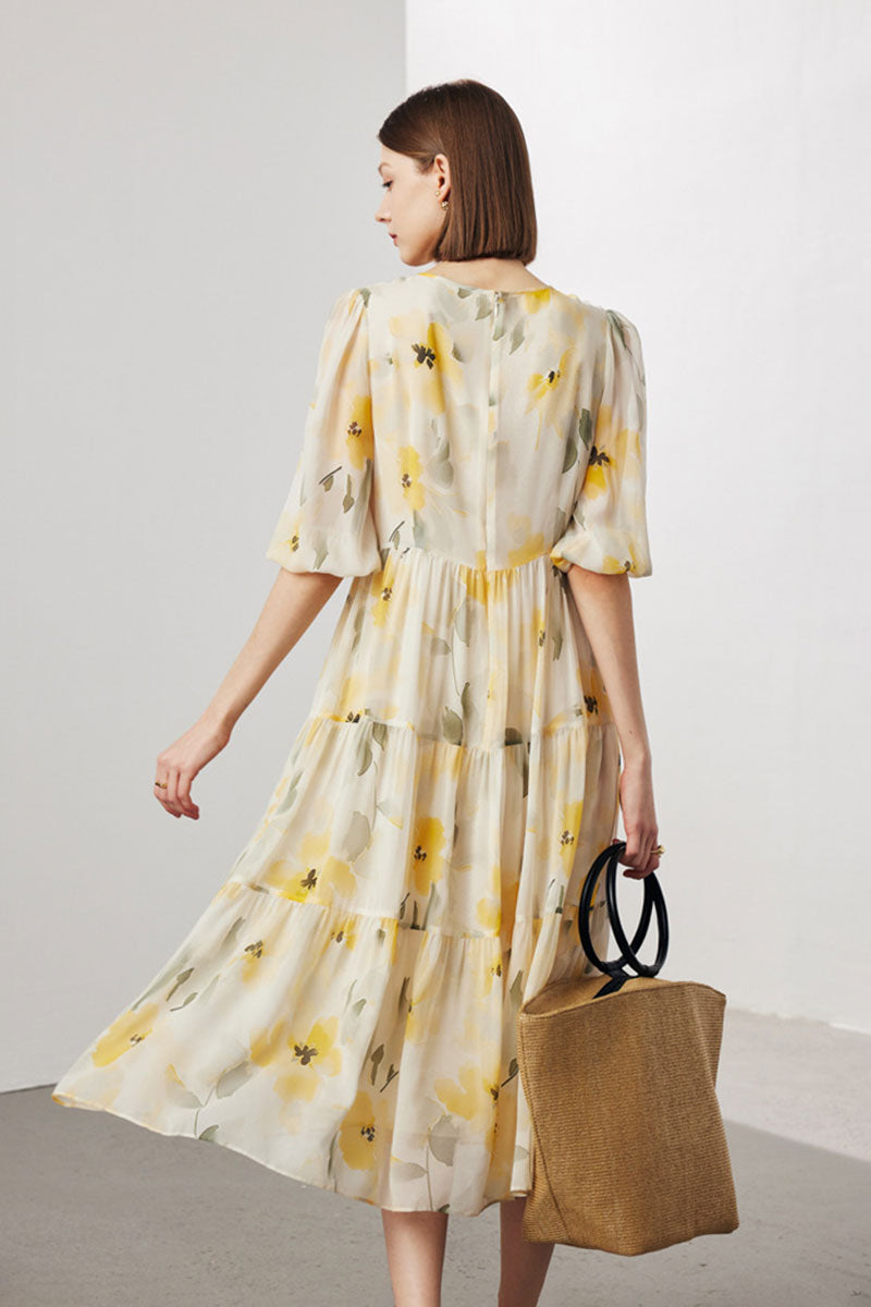 100 Mulberry Silk Floral Balloon-Sleeve Keyhole Tiered Midi Dress