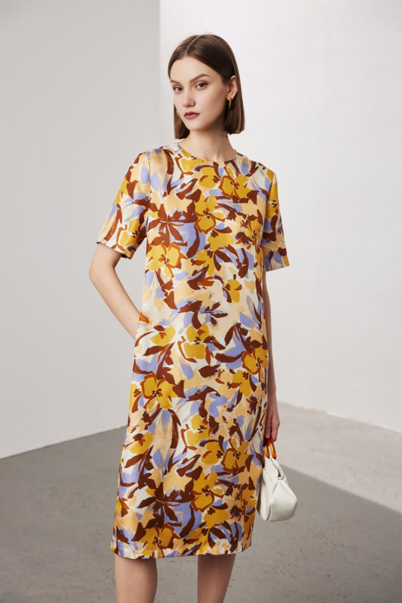 100 Mulberry Silk Floral Short-Sleeve Crewneck Midi T-Shirt Dress with Pockets
