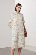 100 Mulberry Silk Floral Short-Sleeve Crewneck Midi T-Shirt Dress with Pockets