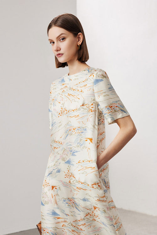 100 Mulberry Silk Floral Short-Sleeve Crewneck Midi T-Shirt Dress with Pockets