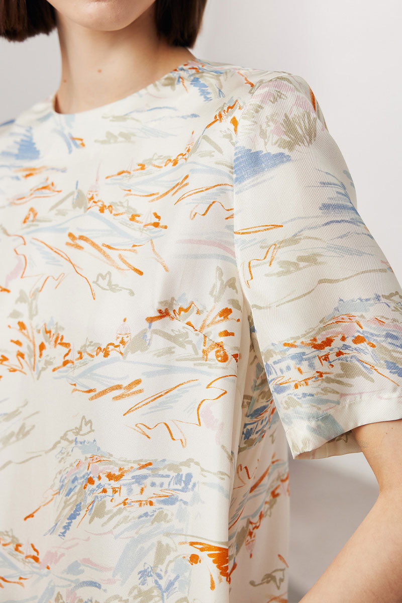100 Mulberry Silk Floral Short-Sleeve Crewneck Midi T-Shirt Dress with Pockets