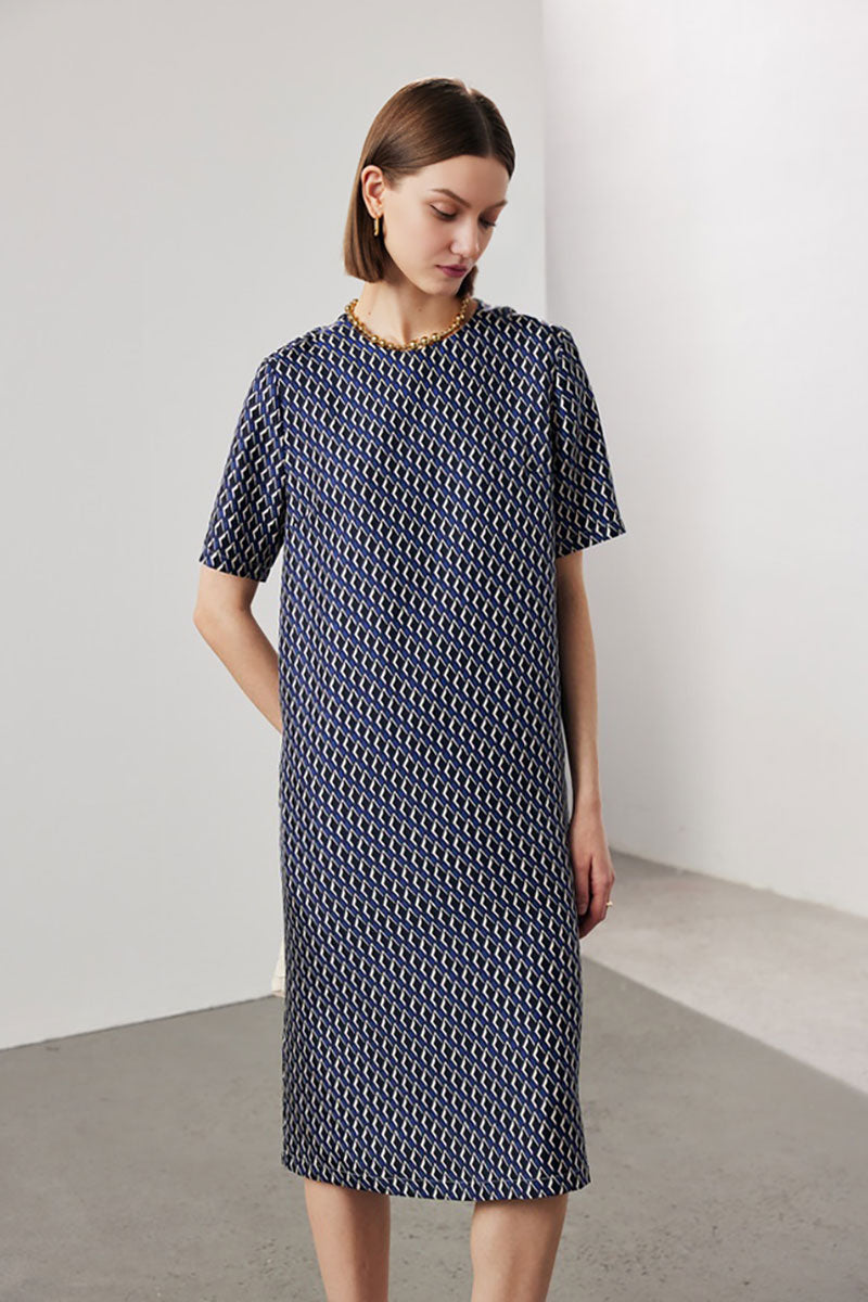 100 Mulberry Silk Floral Short-Sleeve Crewneck Midi T-Shirt Dress with Pockets