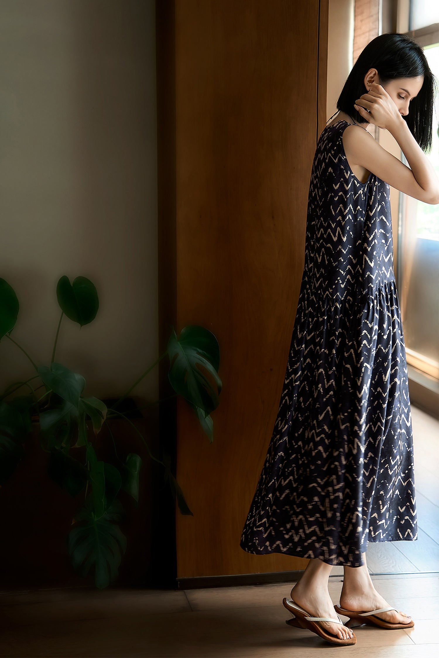 100% Silk Twill Printed Trapeze Midi Dress