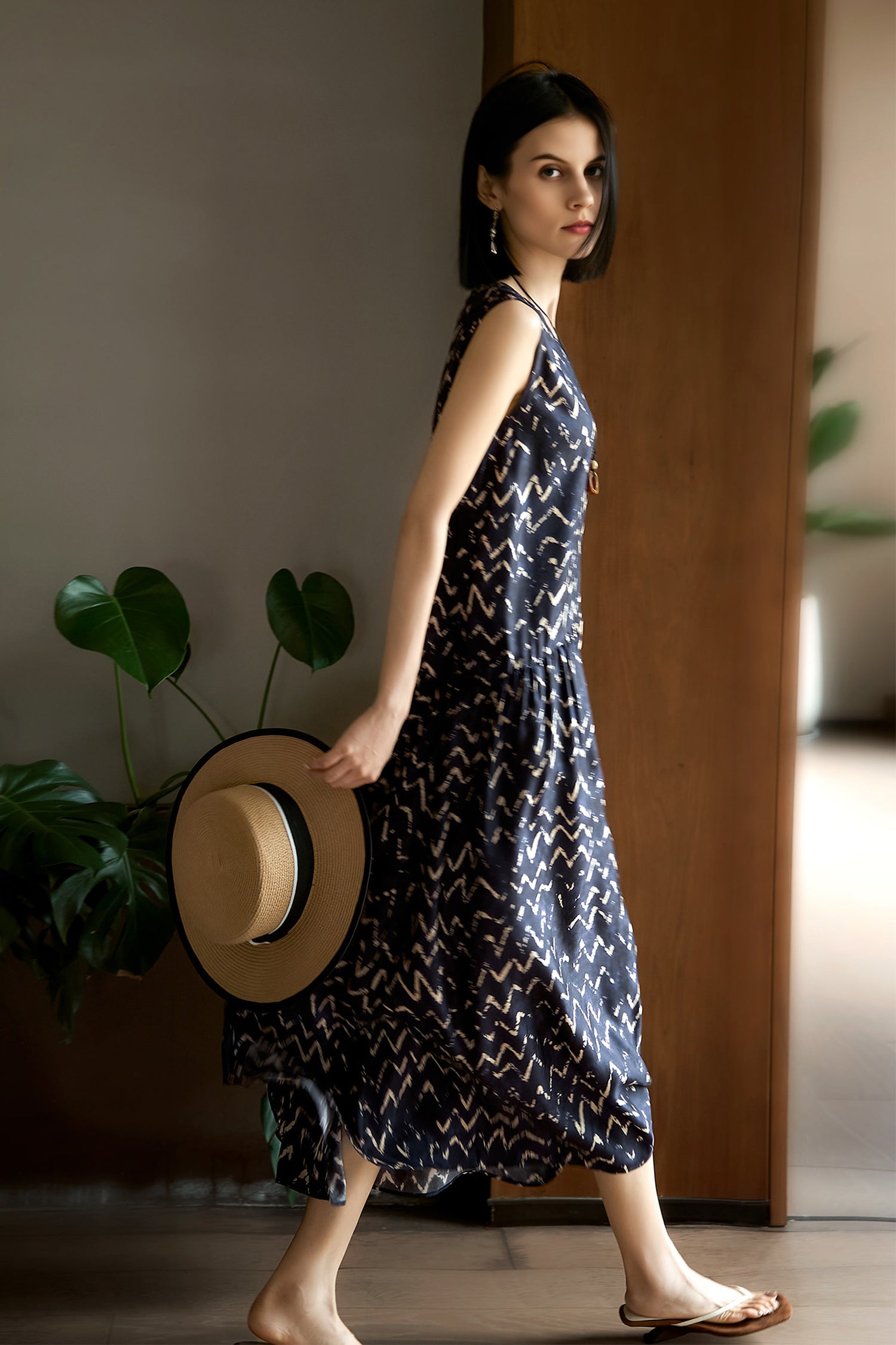 100% Silk Twill Printed Trapeze Midi Dress
