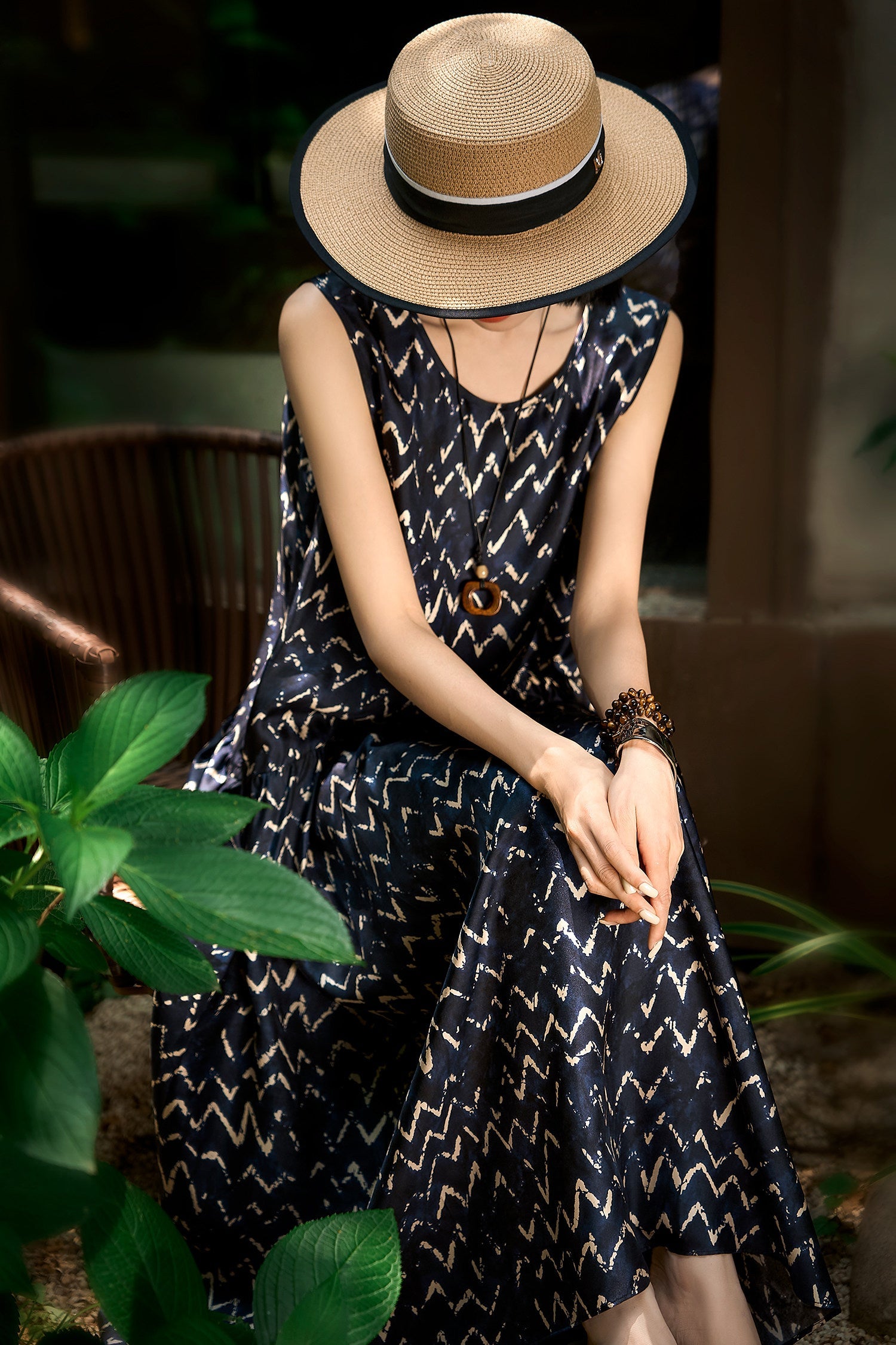 100% Silk Twill Printed Trapeze Midi Dress