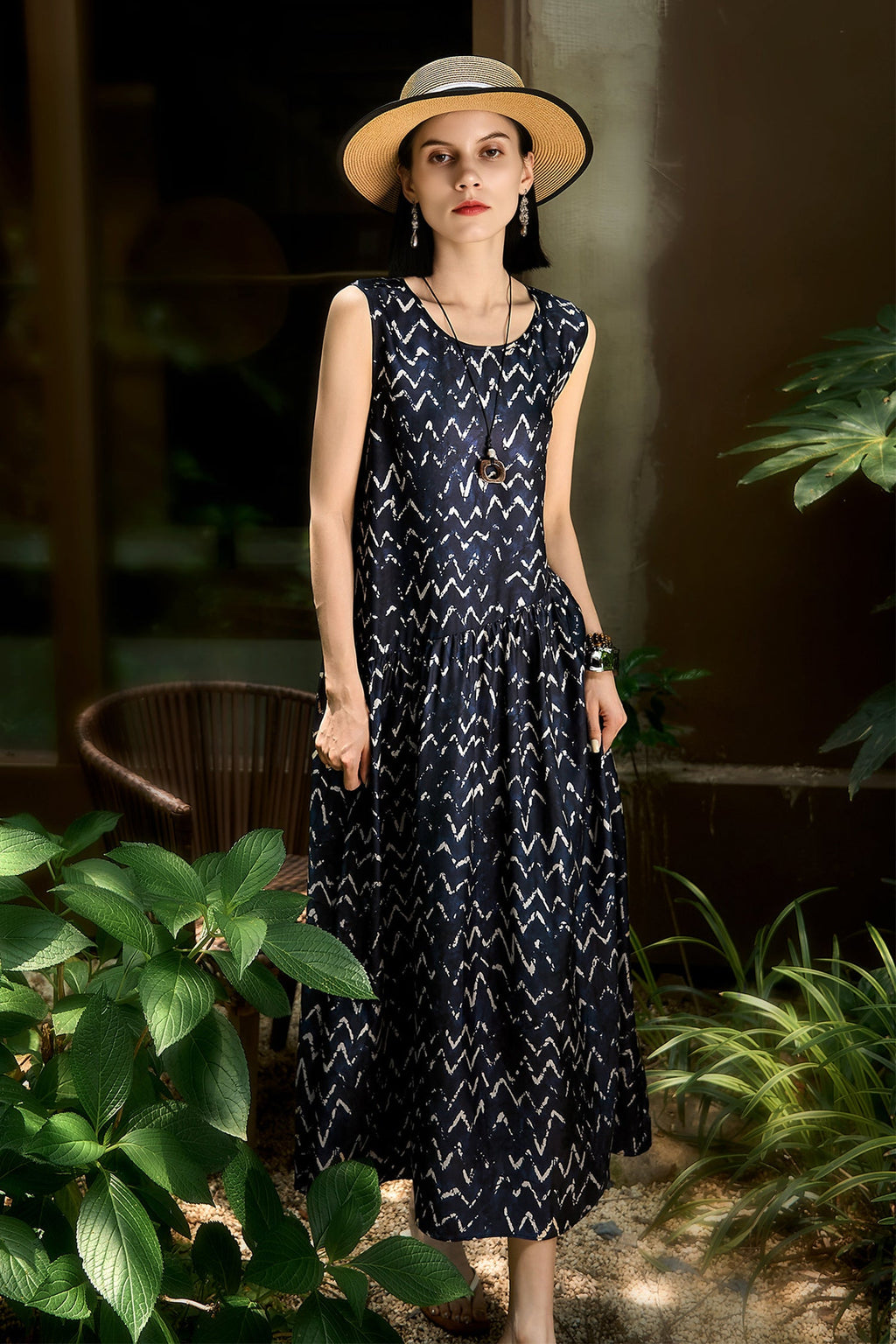 100% Silk Twill Printed Trapeze Midi Dress