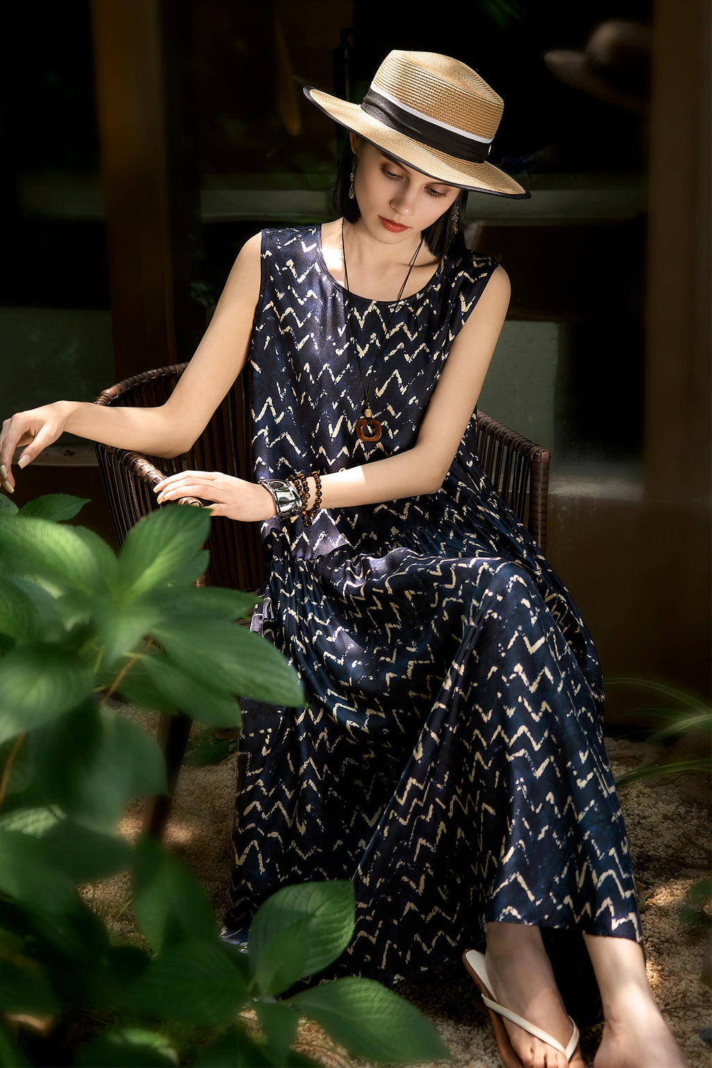 100% Silk Twill Printed Trapeze Midi Dress