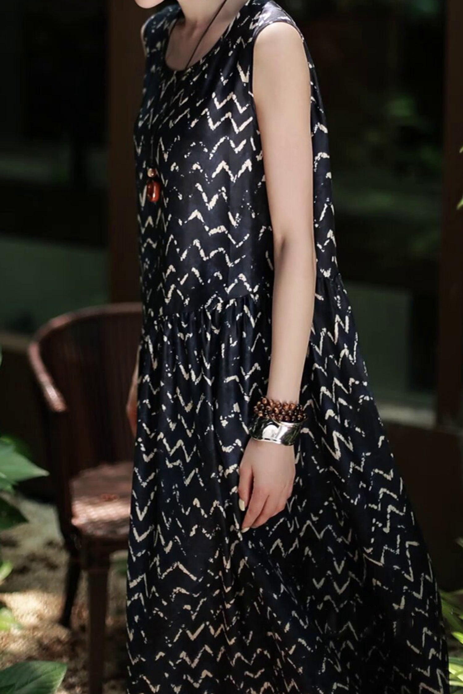 100% Silk Twill Printed Trapeze Midi Dress