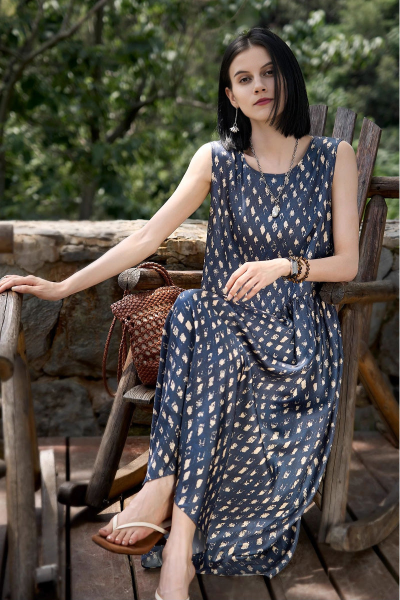 100% Silk Twill Printed Trapeze Midi Dress