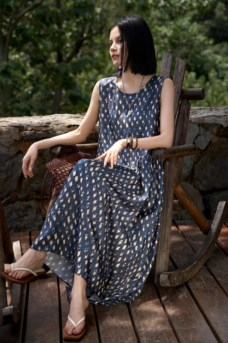 100% Silk Twill Printed Trapeze Midi Dress