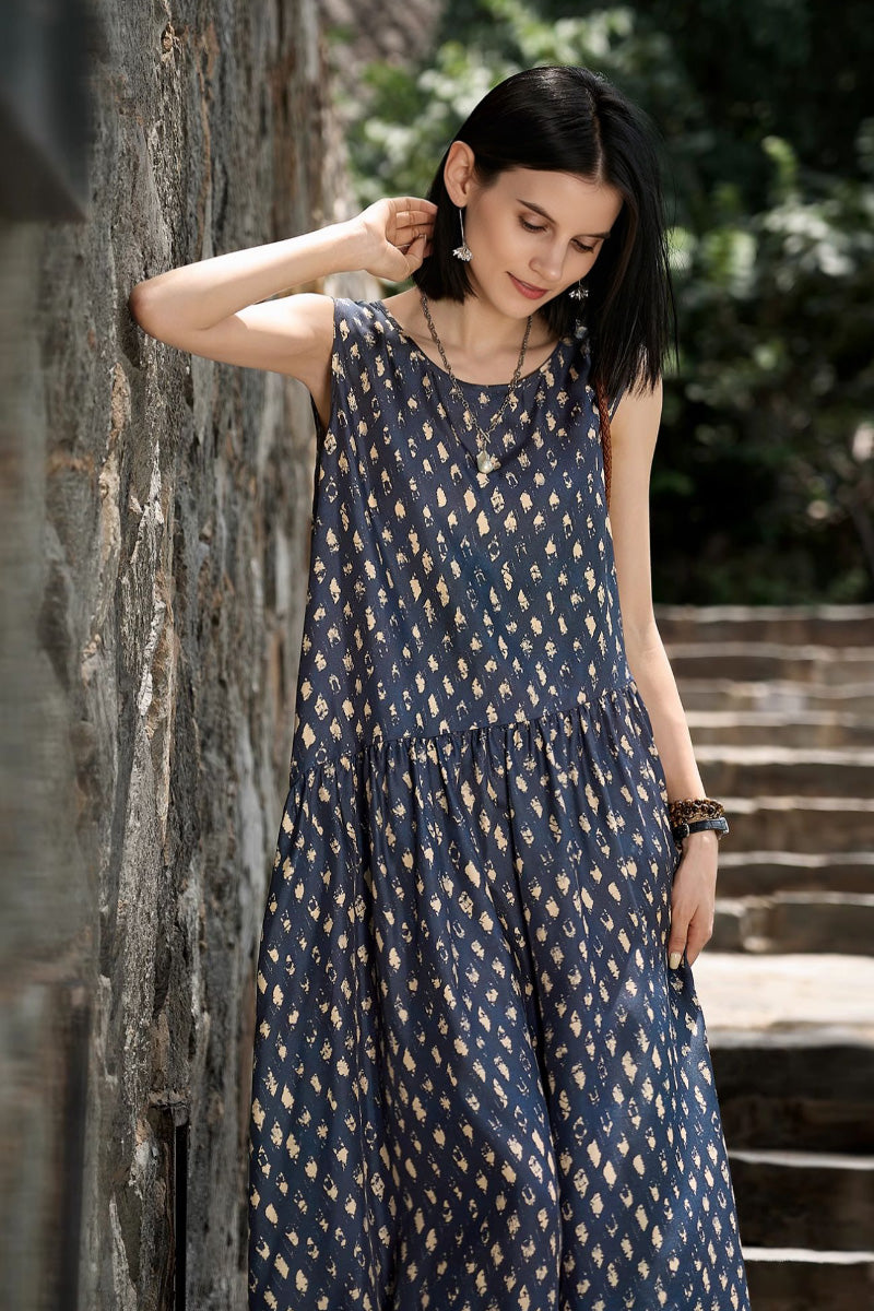 100% Silk Twill Printed Trapeze Midi Dress