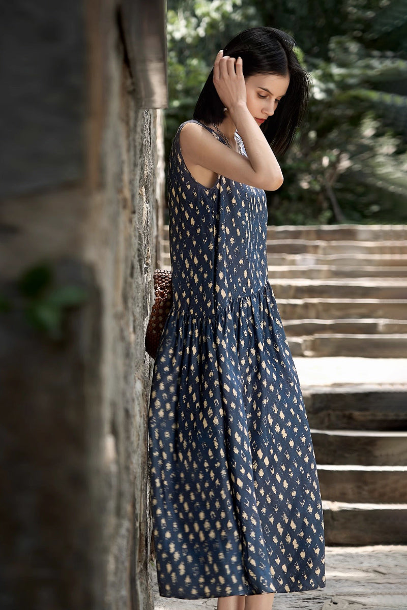 100% Silk Twill Printed Trapeze Midi Dress