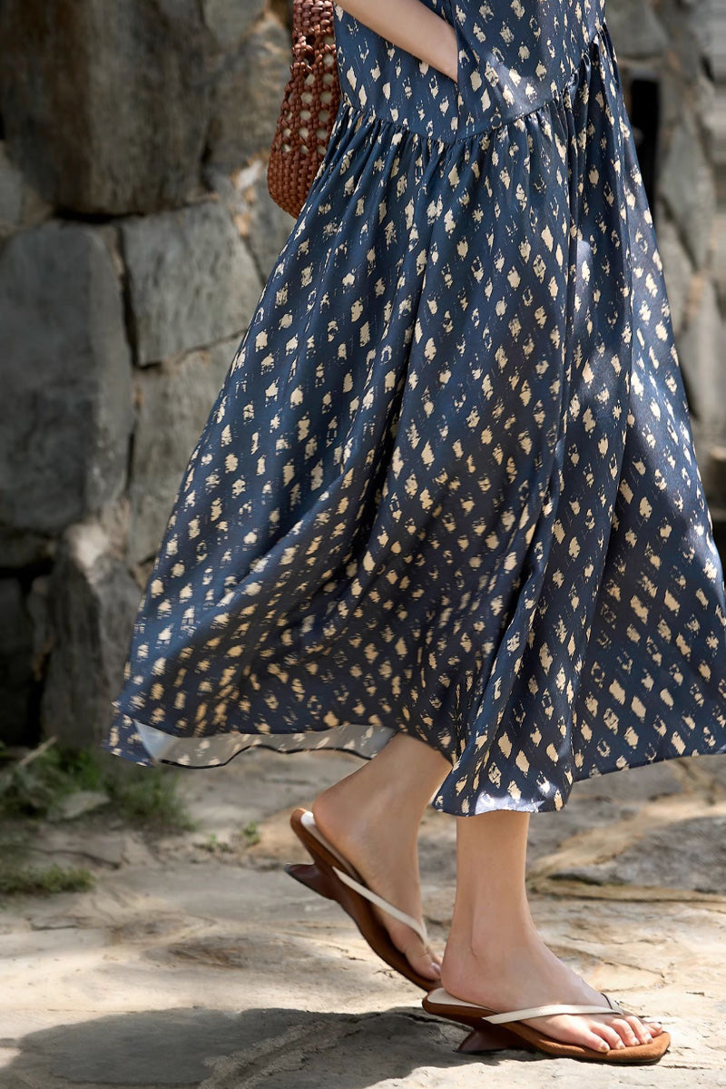 100% Silk Twill Printed Trapeze Midi Dress