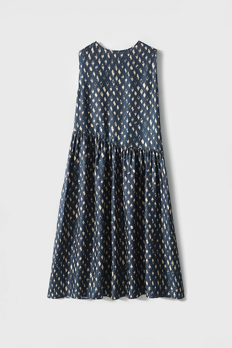 100% Silk Twill Printed Trapeze Midi Dress