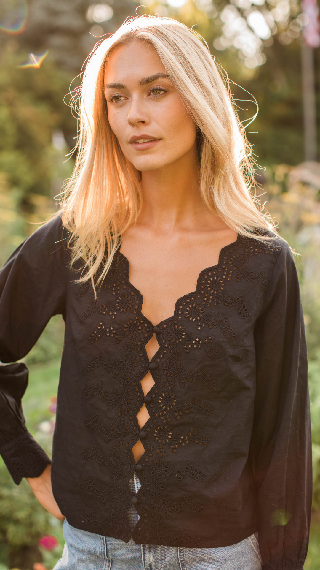 Colette Schiffli Eyelet Top - Black Petal