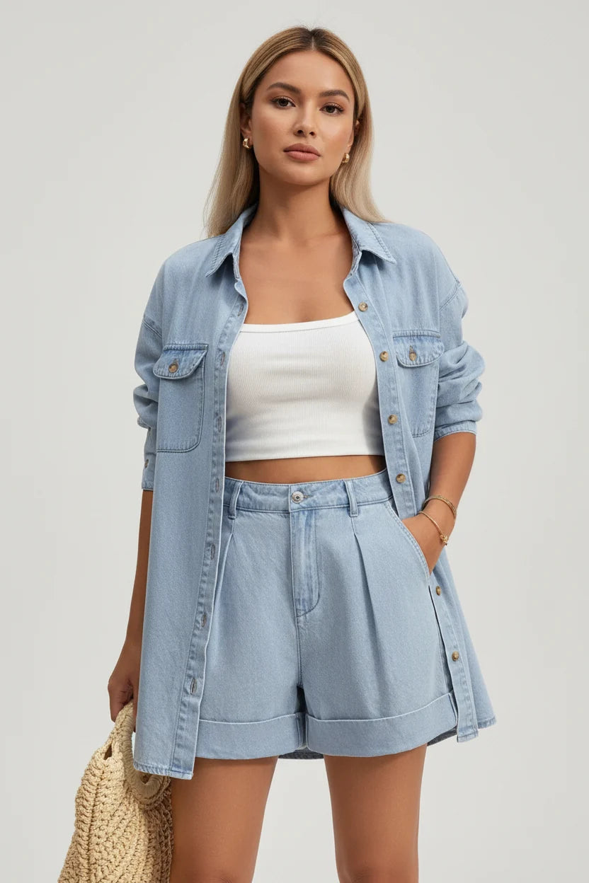 Button Up Long Sleeve Shirt and Shorts Denim Set