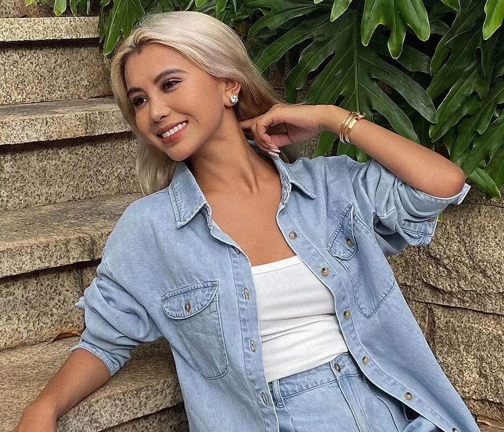 Button Up Long Sleeve Shirt and Shorts Denim Set