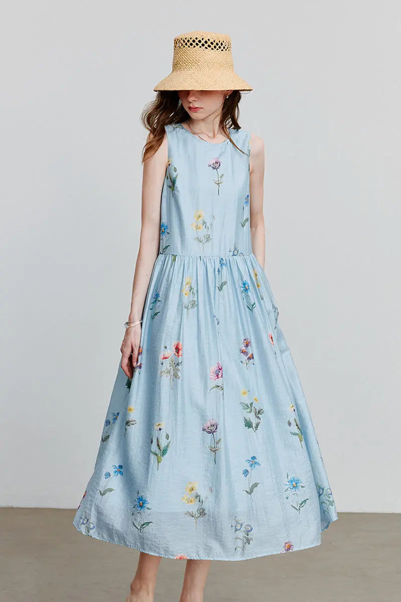 Blue Floral Linen Sleeveless Fit & Flare Midi Dress
