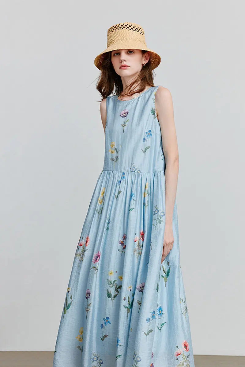 Blue Floral Linen Sleeveless Fit & Flare Midi Dress
