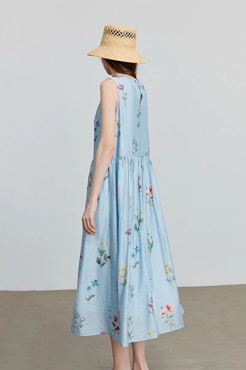 Blue Floral Linen Sleeveless Fit & Flare Midi Dress