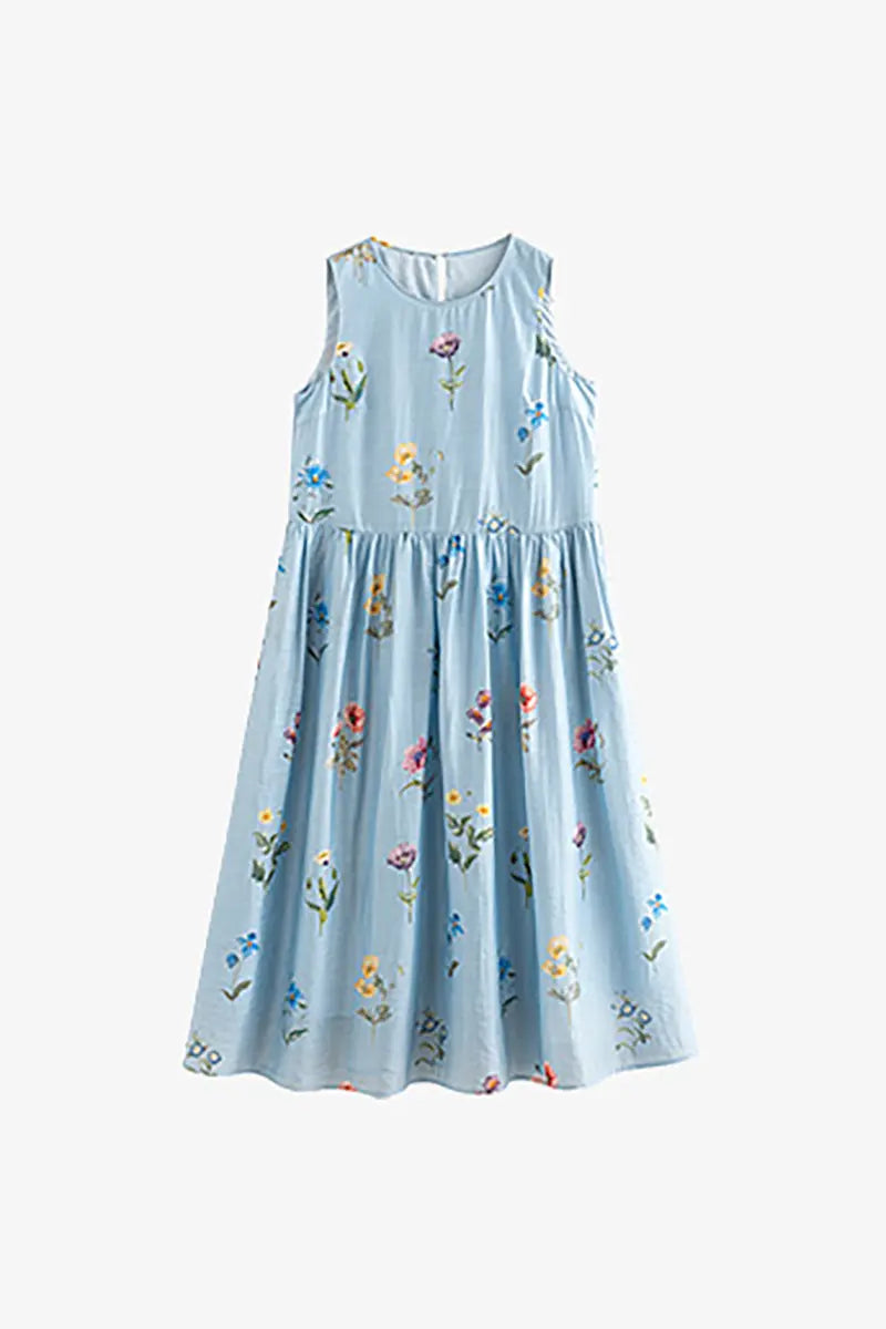 Blue Floral Linen Sleeveless Fit & Flare Midi Dress