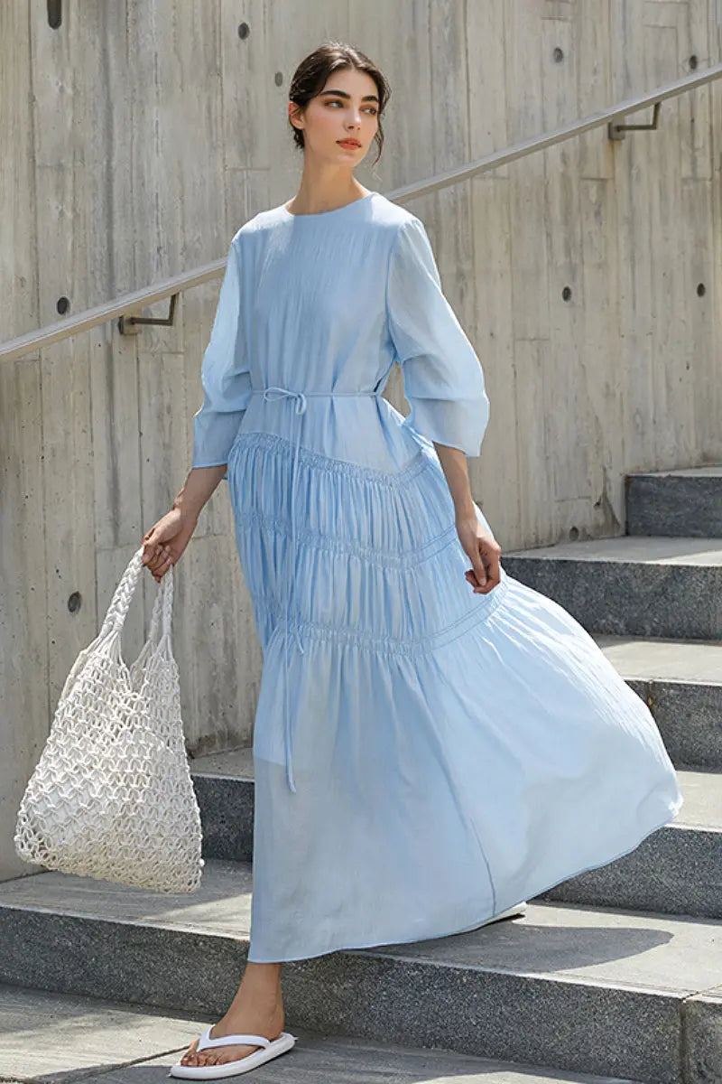 Cotton Tiered Long Sleeve Maxi Dress