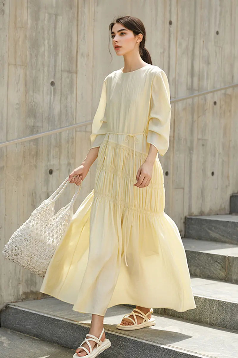 Cotton Tiered Long Sleeve Maxi Dress