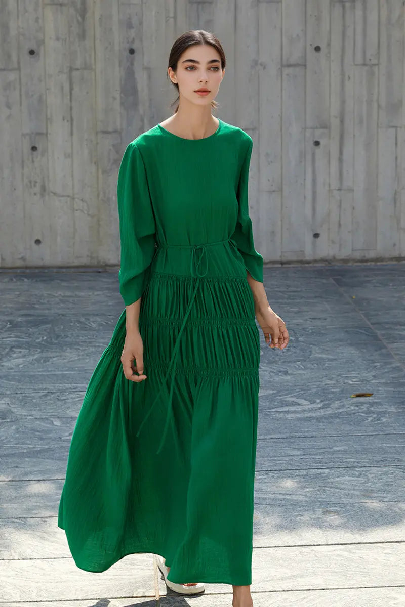Cotton Tiered Long Sleeve Maxi Dress