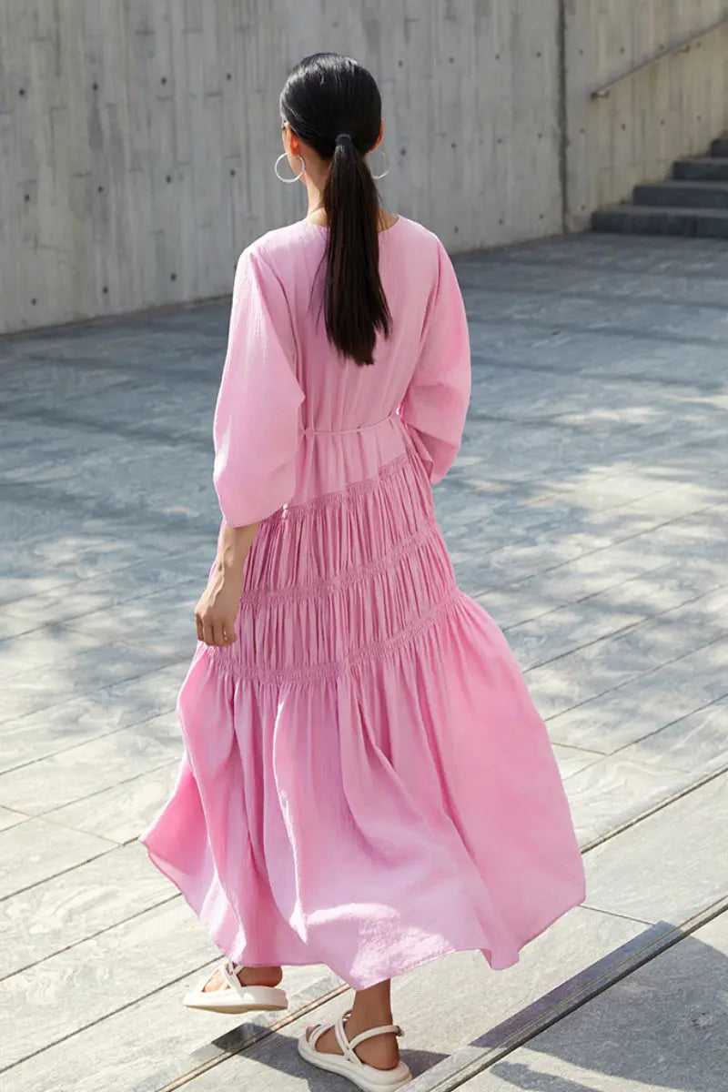 Cotton Tiered Long Sleeve Maxi Dress