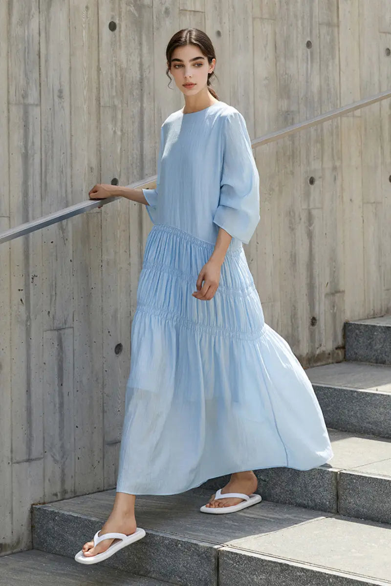 Cotton Tiered Long Sleeve Maxi Dress