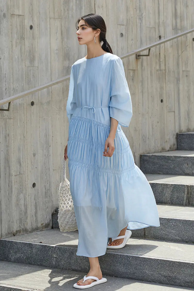 Cotton Tiered Long Sleeve Maxi Dress