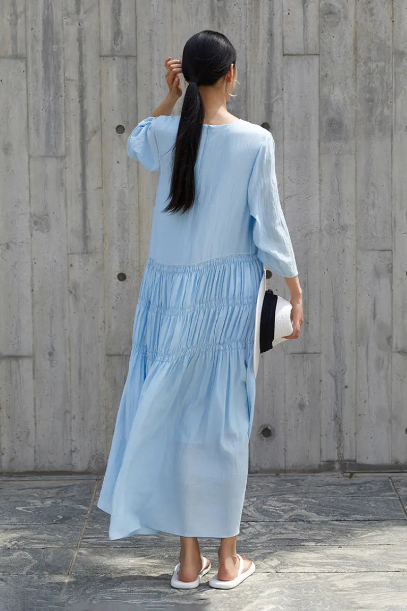 Cotton Tiered Long Sleeve Maxi Dress