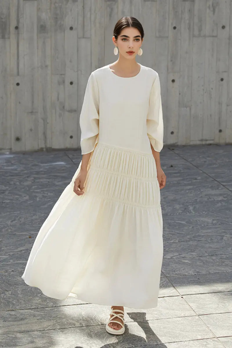 Cotton Tiered Long Sleeve Maxi Dress