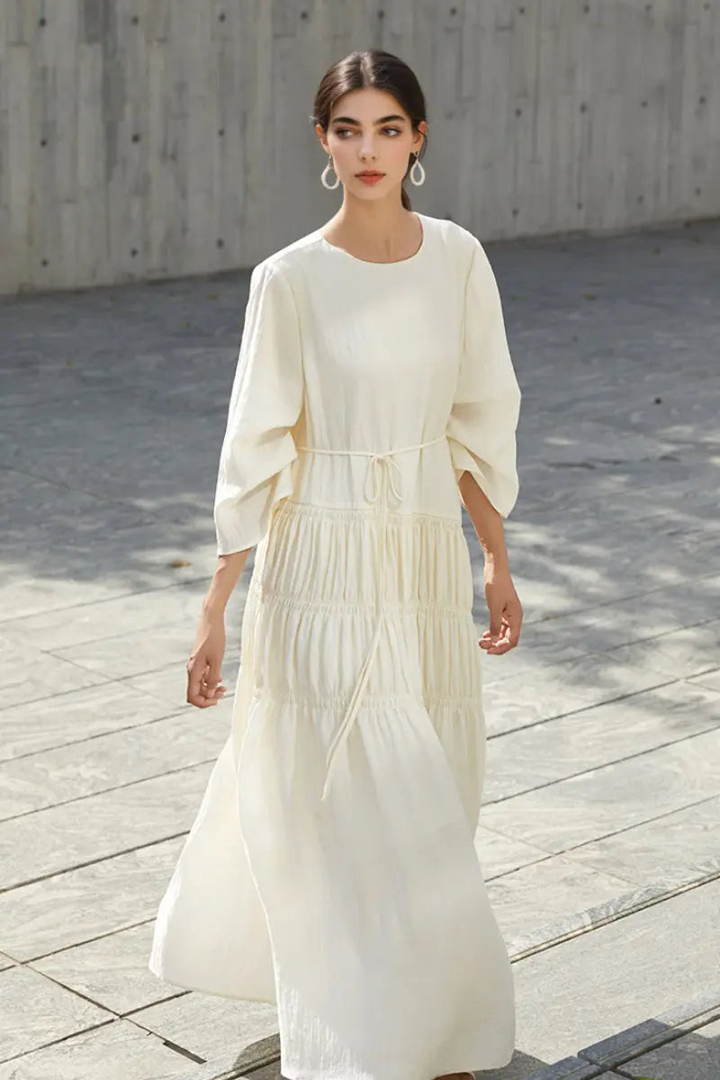 Cotton Tiered Long Sleeve Maxi Dress