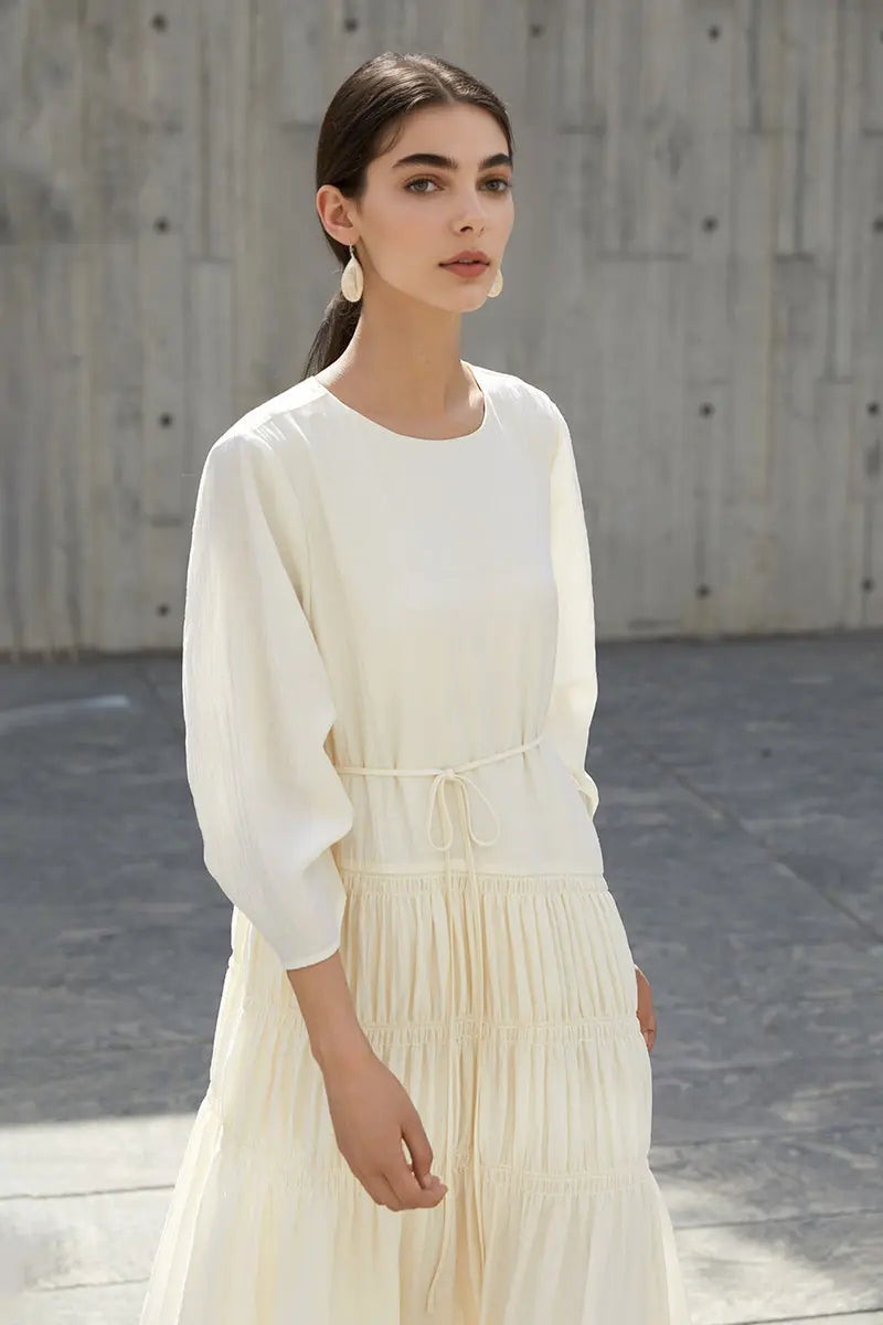 Cotton Tiered Long Sleeve Maxi Dress