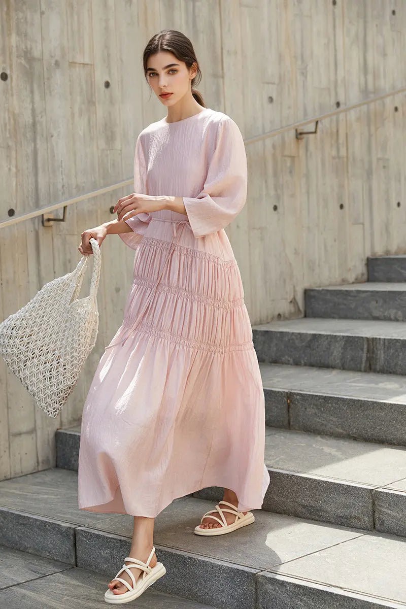 Cotton Tiered Long Sleeve Maxi Dress