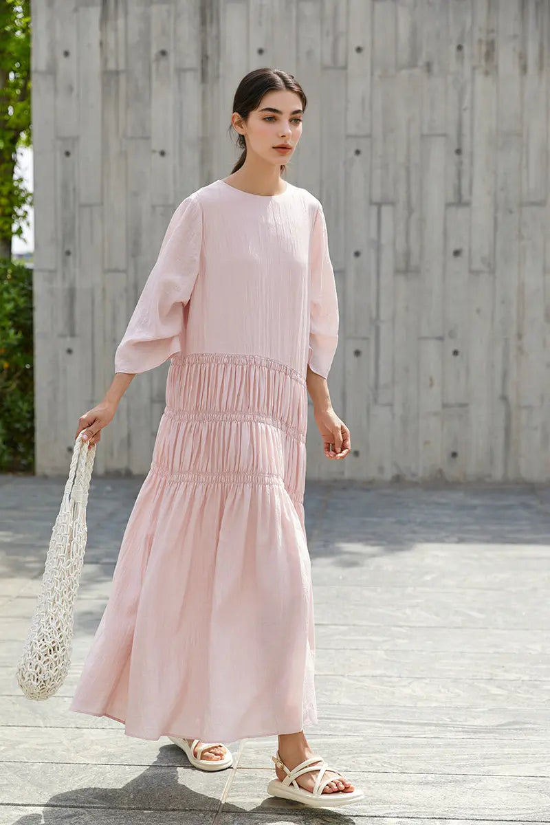 Cotton Tiered Long Sleeve Maxi Dress